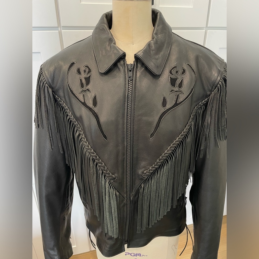 Frontier Leather Motorcycle Jacket with Rose Design and Fringe- fits like medium